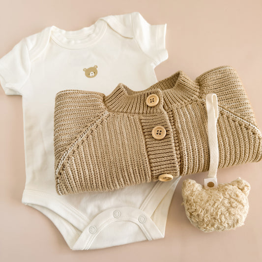 Cotton Cardigan Onesie Pacifier Clip Gift Set - Bear
