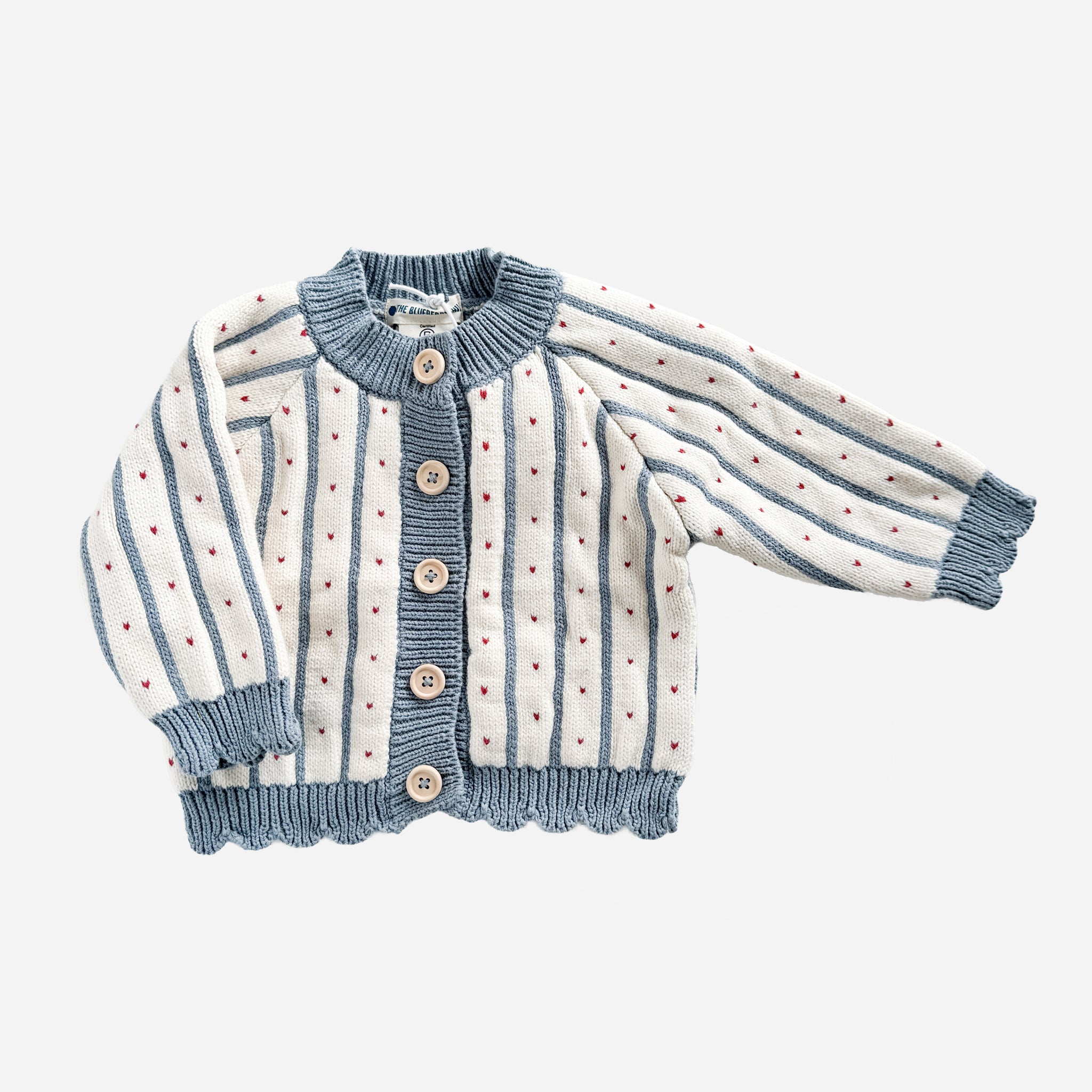 Cotton Stripe Heart Cardigan Valentine's Scallop Trim Baby Sweater
