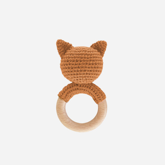 Cotton Crochet Rattle Teether Fox, Clay