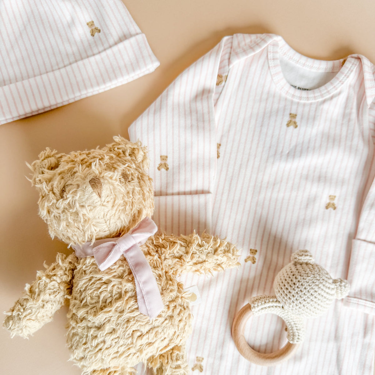 Knit Sleep Gown + Hat - Teddy Bear Pink