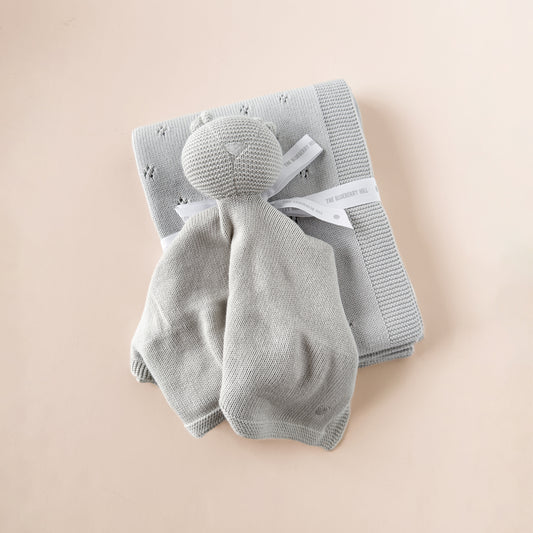 Pique Blanket and Bear Lovey Gift Set - Light Grey