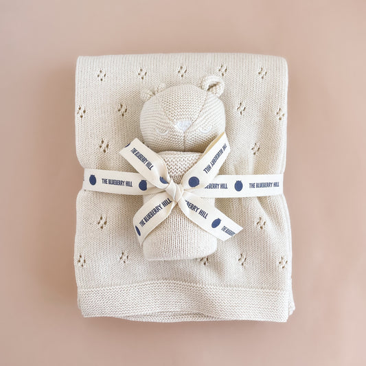 Pique Blanket & Bear Lovey Gift Set, Cream | Organic Cotton