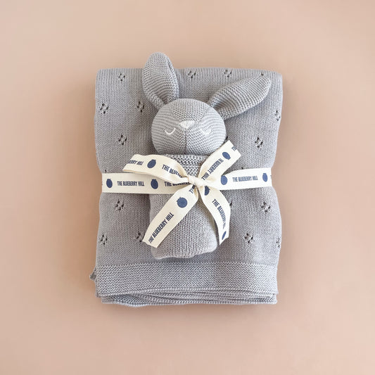 Pique Blanket & Bunny Lovey Gift Set, Grey | Organic Cotton