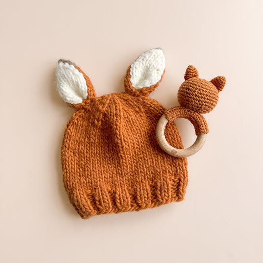 Cotton Crochet Rattle Teether Fox, Clay