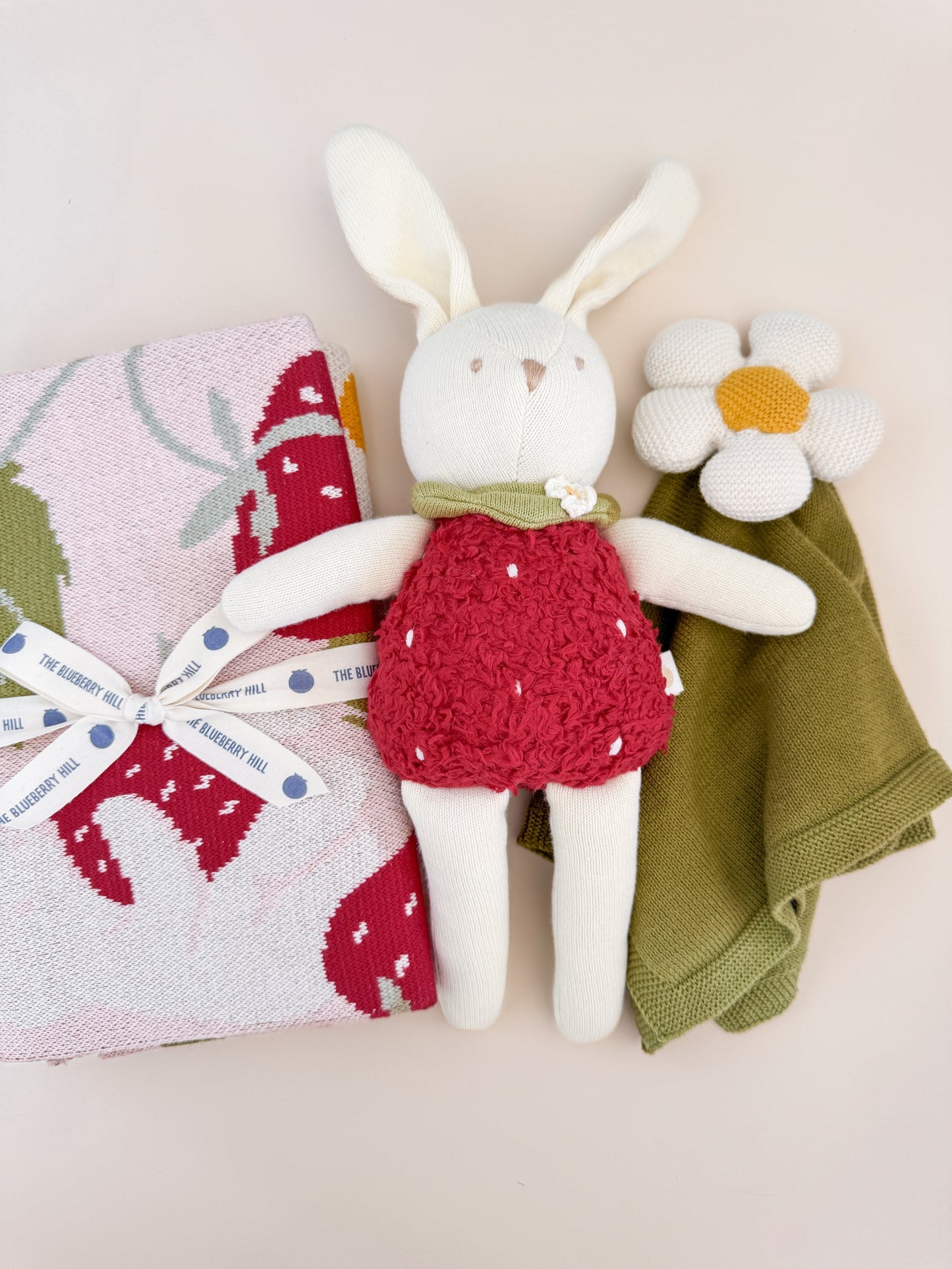 Strawberry Blanket, Flower Lovey, Bunny Plush Gift Set