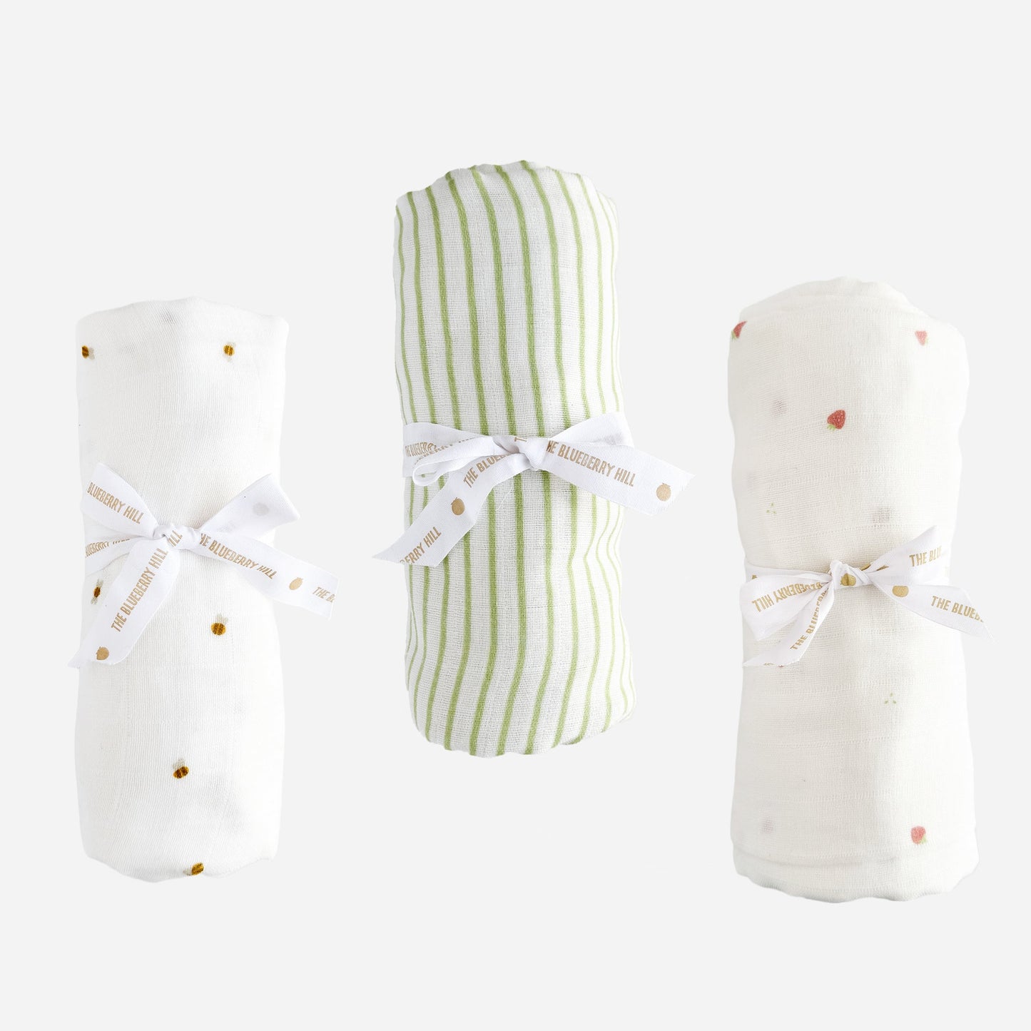 Swaddle Set, Bee, Green Stripe, and Strawberry
