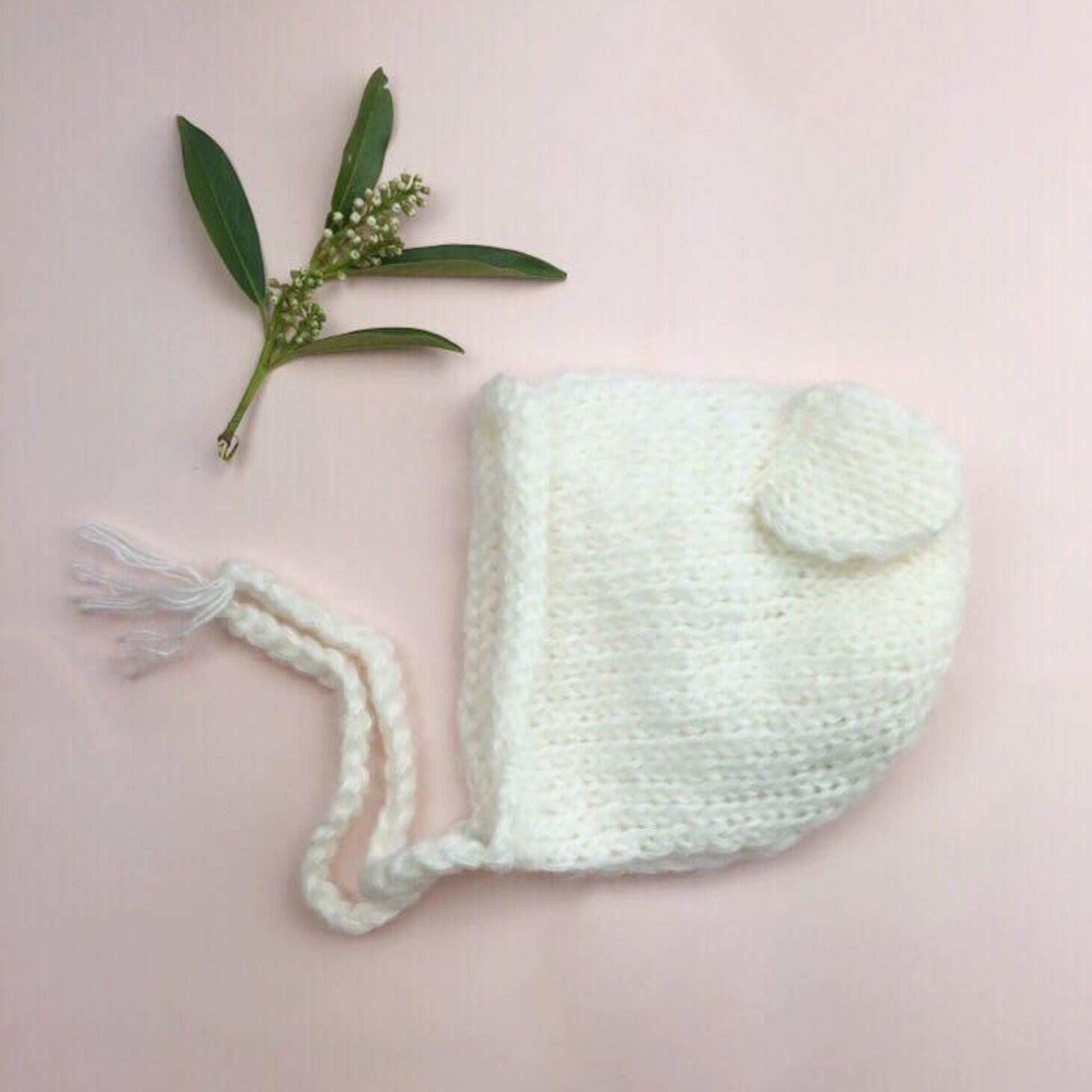 hand knit mohair bonnet with bear ears and tie closure in cream for baby infant toddler