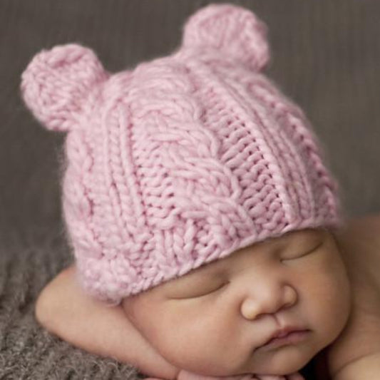 cable knit hat for baby and child with bear ears in pink