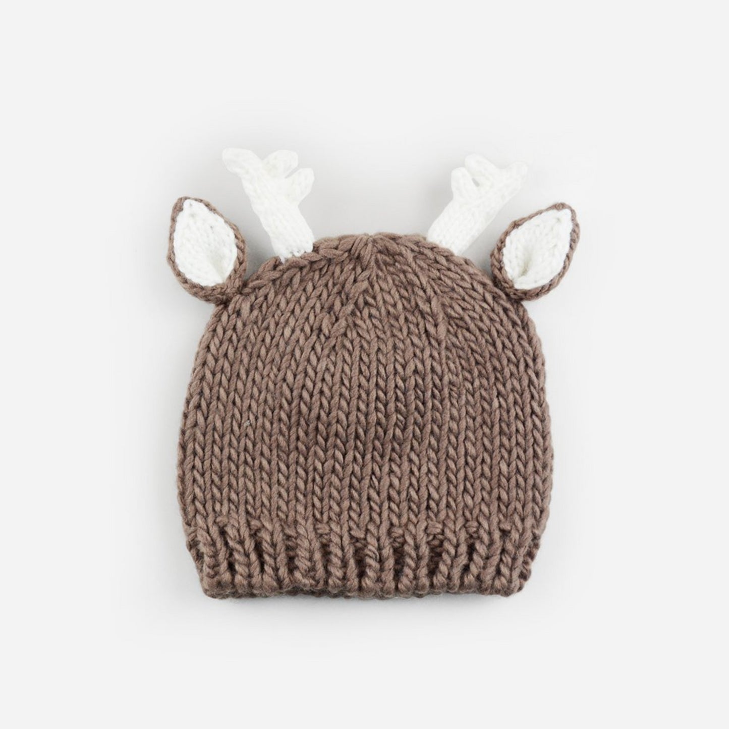 hand knit tan deer hat with white ears and white antlers for baby infant toddler child christmas winter holiday