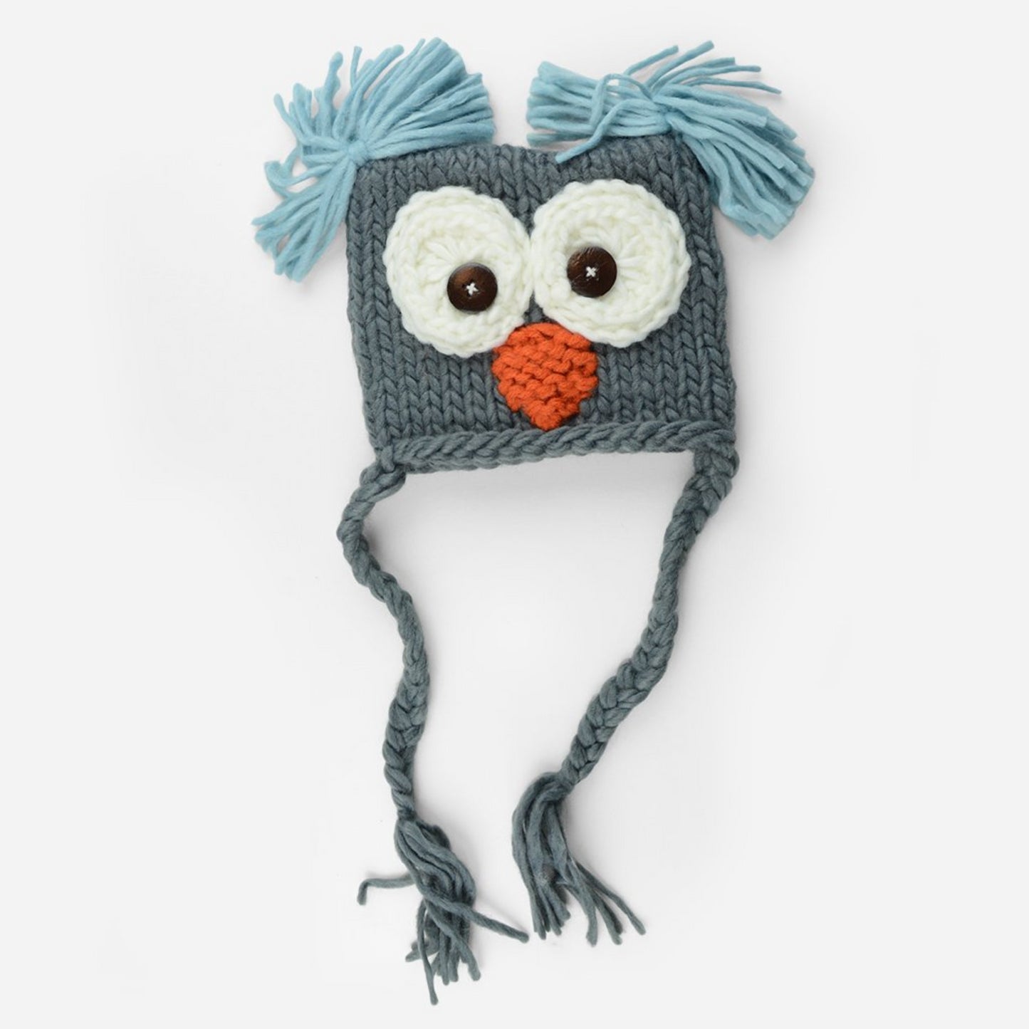 Hand Knit Owl hat with tassels and tufts in gray