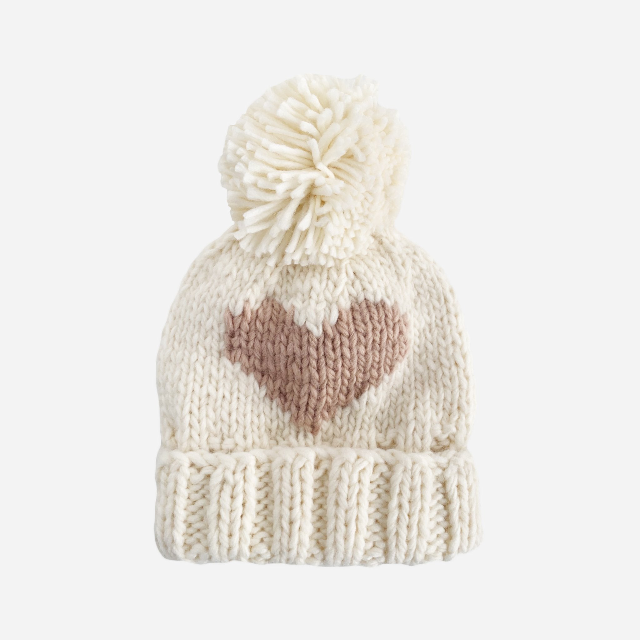 Cream heart knit beanie pom pom hat – HoneyBean