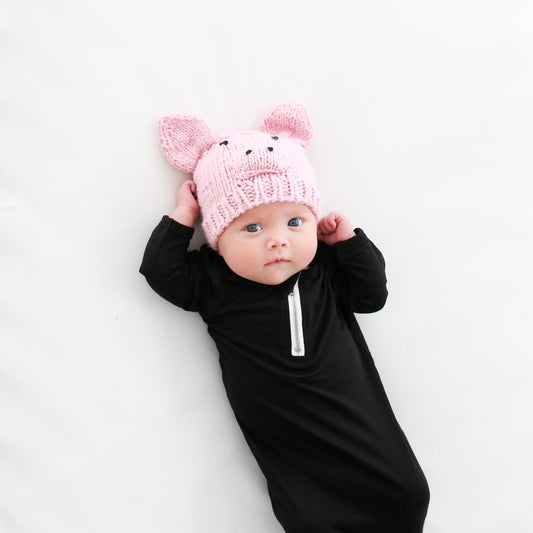 pink pig hat for baby and child with ears, nose, and eyes detail