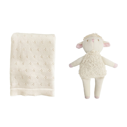 Pique Blanket and Lamb Plush Set, Cream