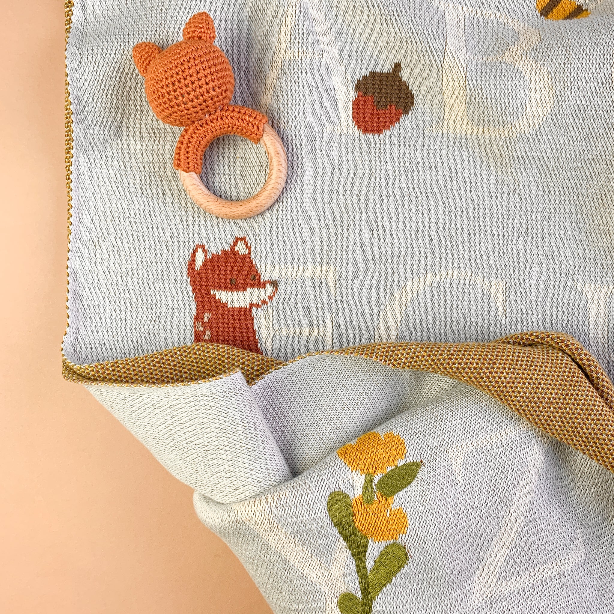 Baby Newborn ABC Woodland Blanket Organic Cotton Fox Rattle Gift