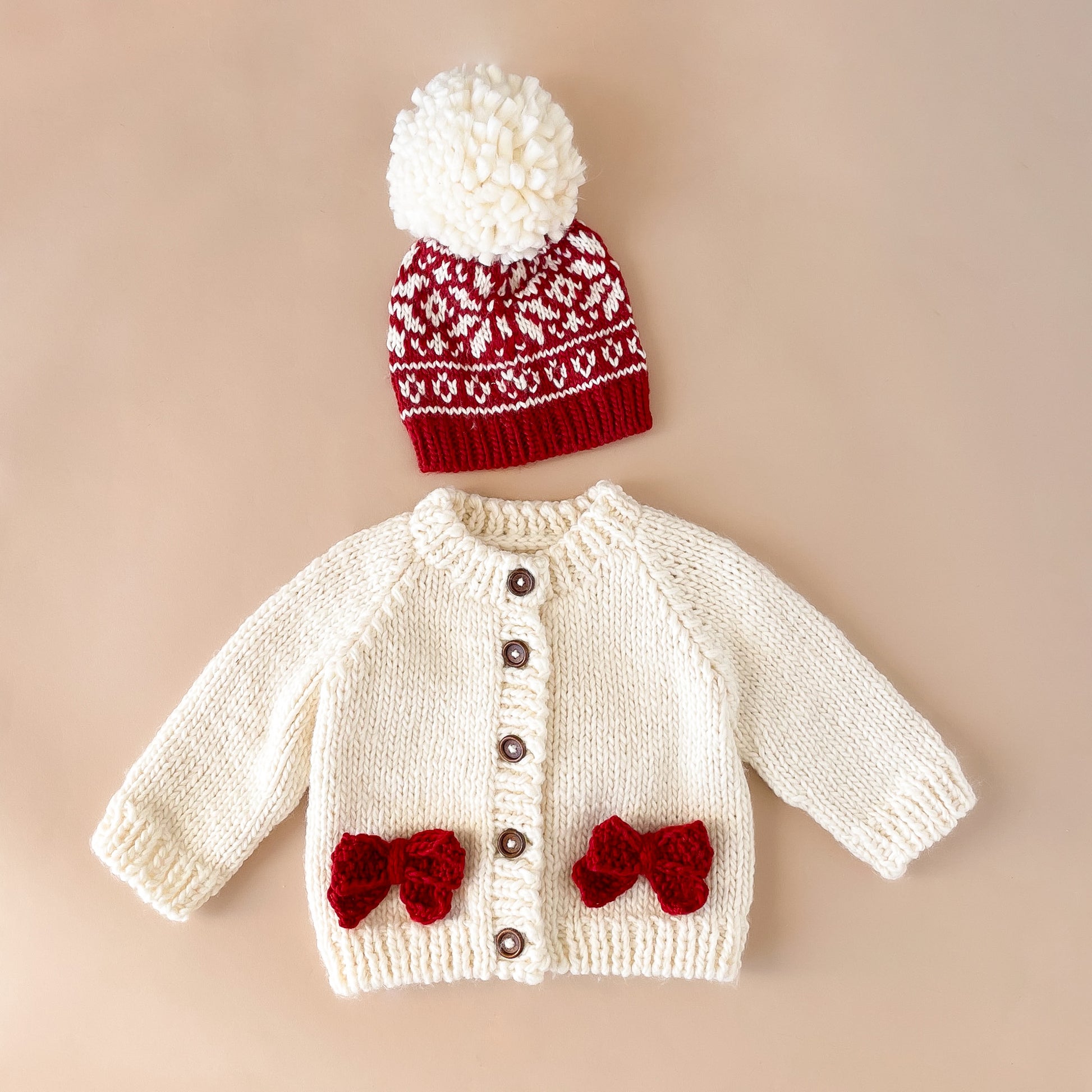 Knit Cardigan White Sweater With Pom Poms Bow Cardigan, Cream/Red