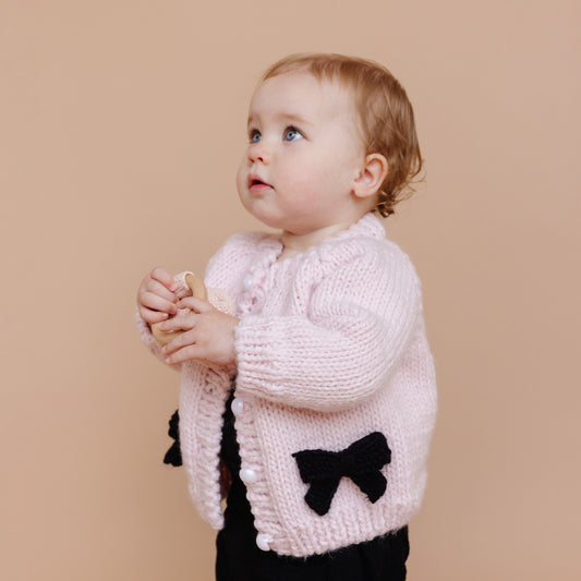 Bow Cardigan, Baby Pink/Black