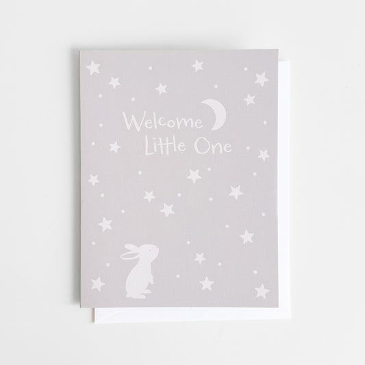 Welcome Little One Bunny Moon Stars Baby Greeting Card