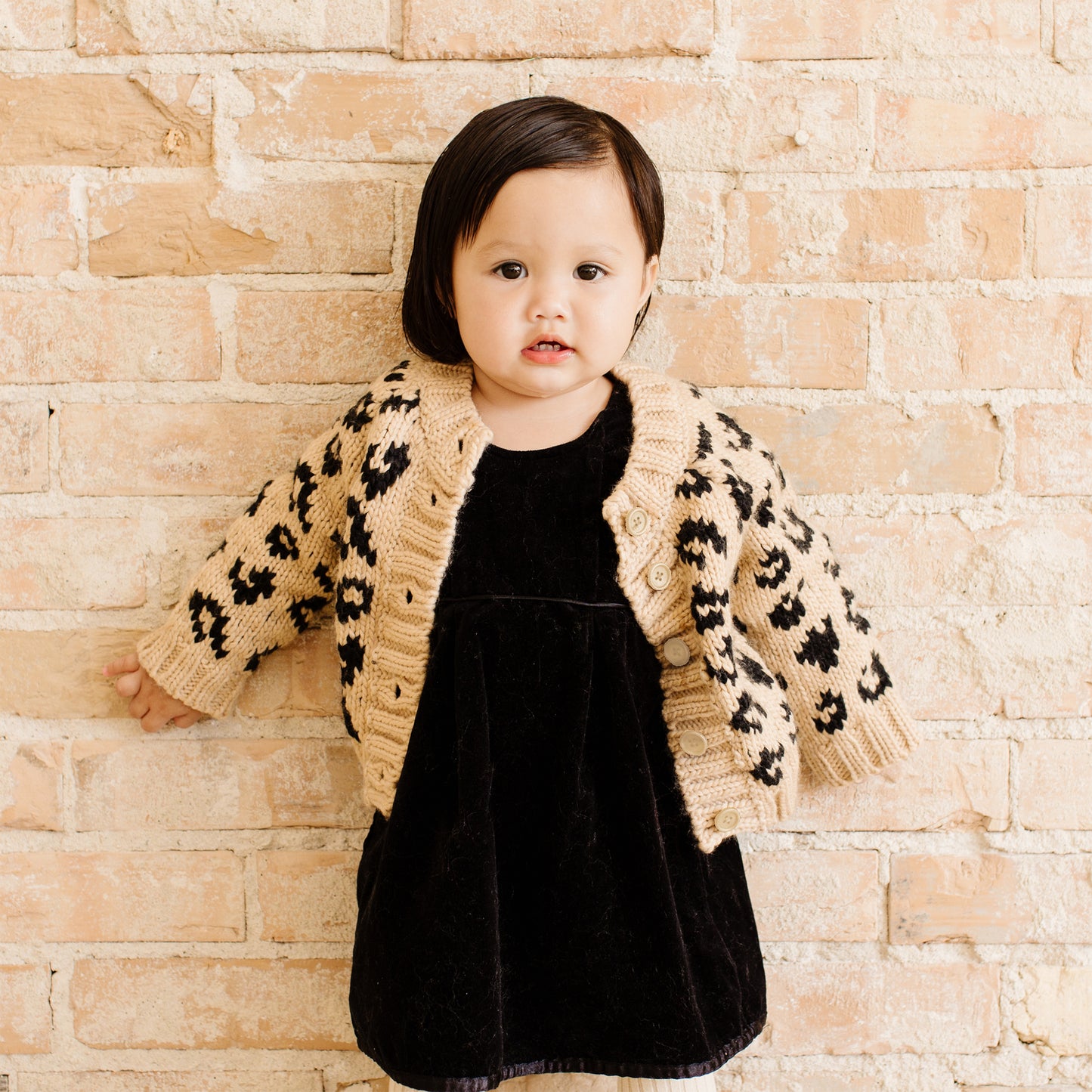 Cheetah Hat, Cardigan, Mittens Set, Latte/Black