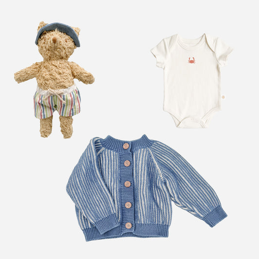 Eddie Bear Plush Toy, Crab Onesie, Blue Brioche Cardigan Set