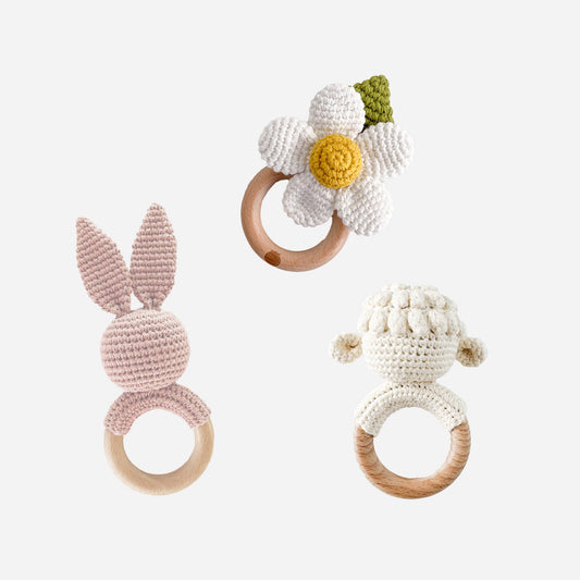 Teether Set Lamb, White Flower, and Blush Bunny