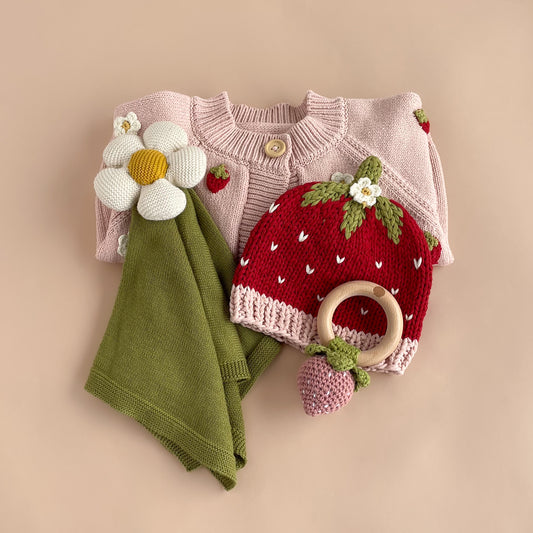 Cotton Strawberry Flower Cardigan and Hat Set - Blush