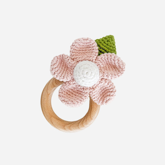 Cotton Crochet Rattle Teether Flower, Blush