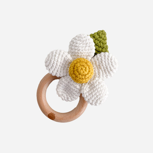 Cotton Crochet Rattle Teether Flower, White