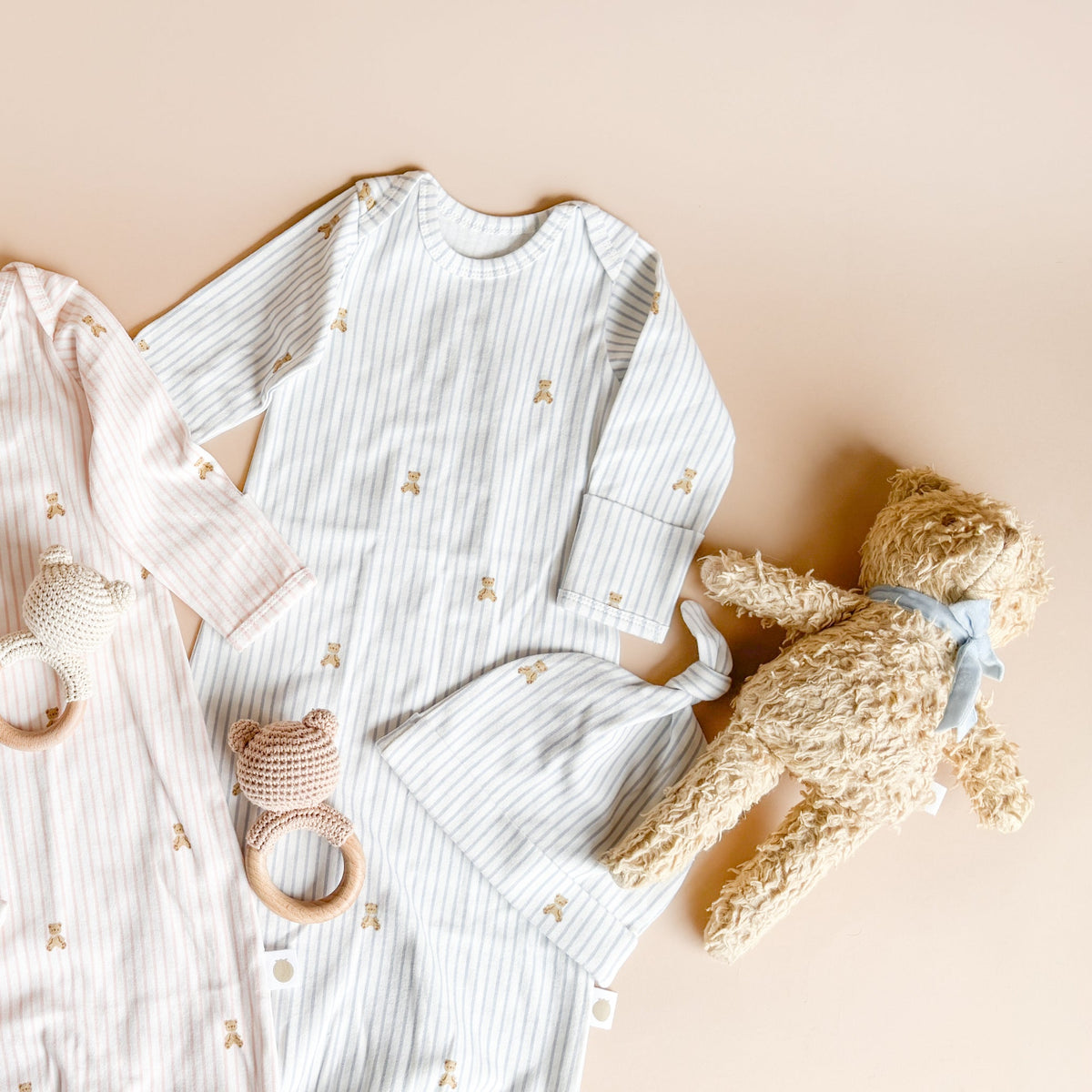 Knit Sleep Gown + Hat - Teddy Bear Blue