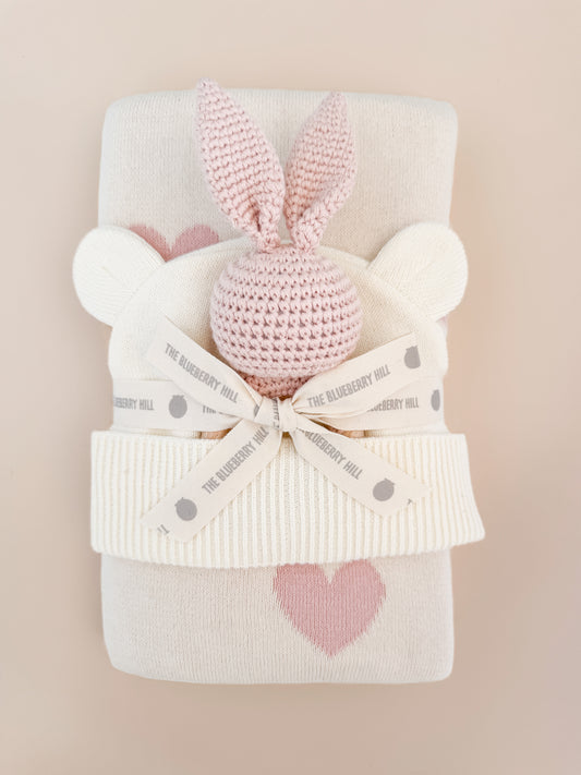 Heart I Love You Blanket and Bunny Rattle Gift Set