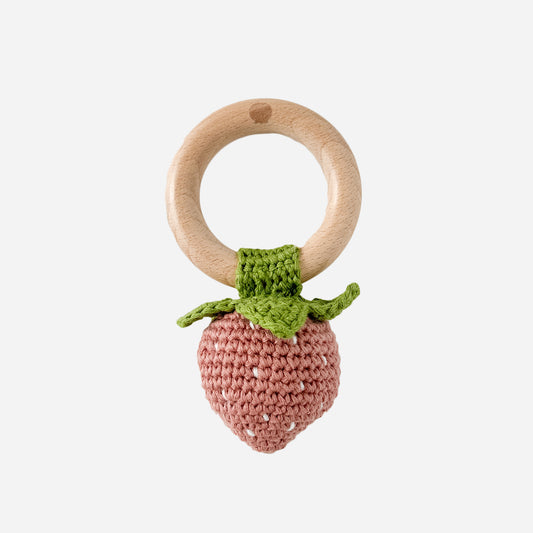 Cotton Crochet Rattle Teether Strawberry, Pink