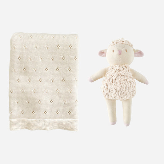 Pique Blanket and Lamb Plush Set, Cream