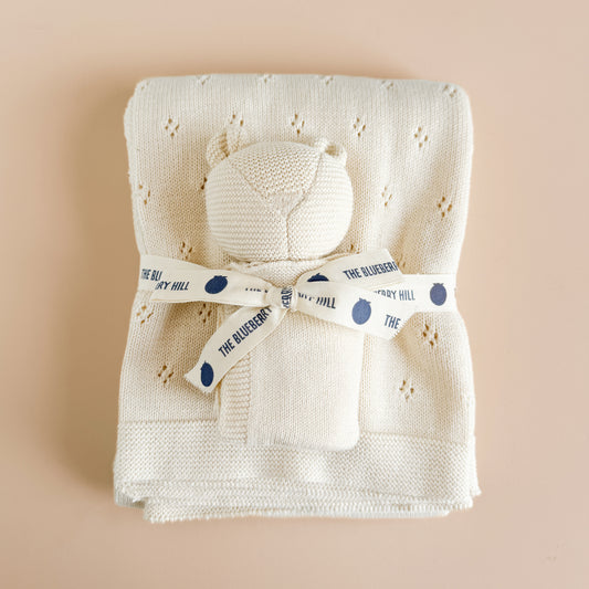 Pique Blanket & Bear Lovey Gift Set, Cream | Organic Cotton