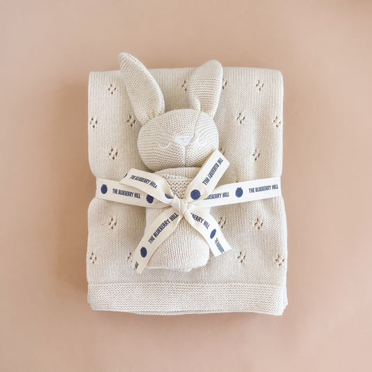 Pique Blanket & Bunny Lovey Gift Set, Cream | Organic Cotton