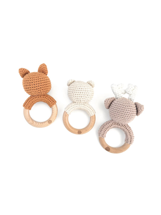 Woodland Animal Rattle Set - Cream Bear Deer and Fox