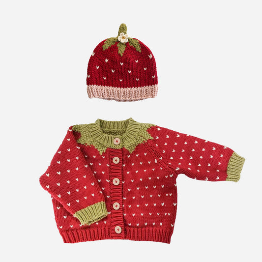Cotton Strawberry Cardigan and Hat Set, Red