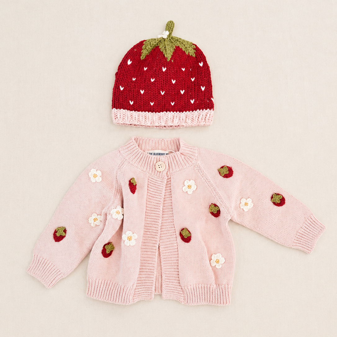 Cotton Strawberry Flower Cardigan and Hat Set - Blush