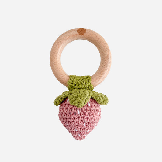 Cotton Crochet Rattle Teether Strawberry, Pink