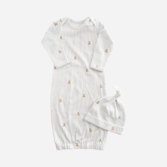 Knit Sleep Gown + Hat - Teddy Bear Blue