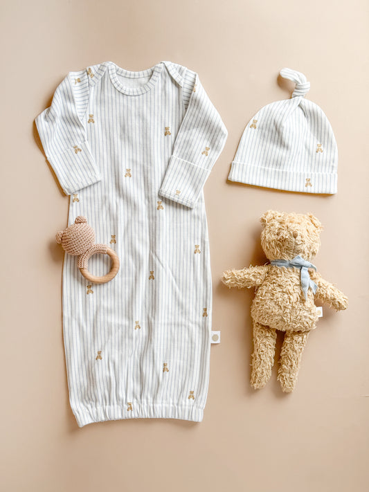 Knit Sleep Gown + Hat - Teddy Bear Blue