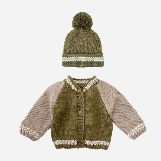 Varsity Cardigan and Hat Set, Moss