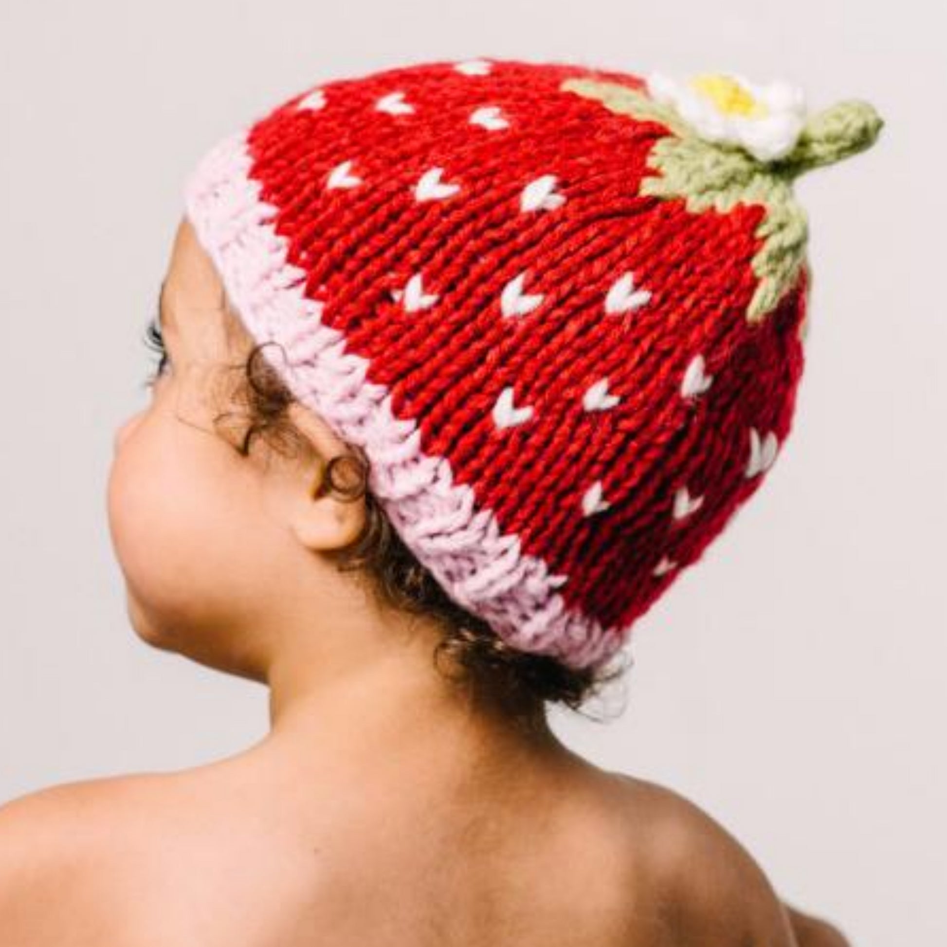 Knit Strawberry Hat, Red, with flower size small