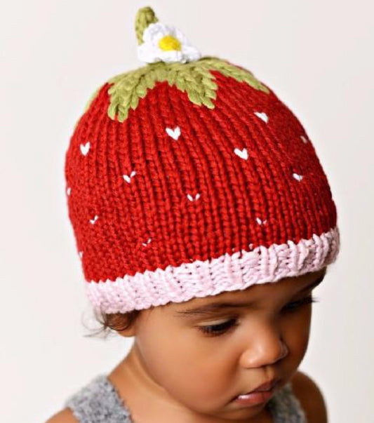 bamboo cotton blend strawberry red hat with white hearts, pink band, white flower accent for baby infant toddler child and NB 0-3m