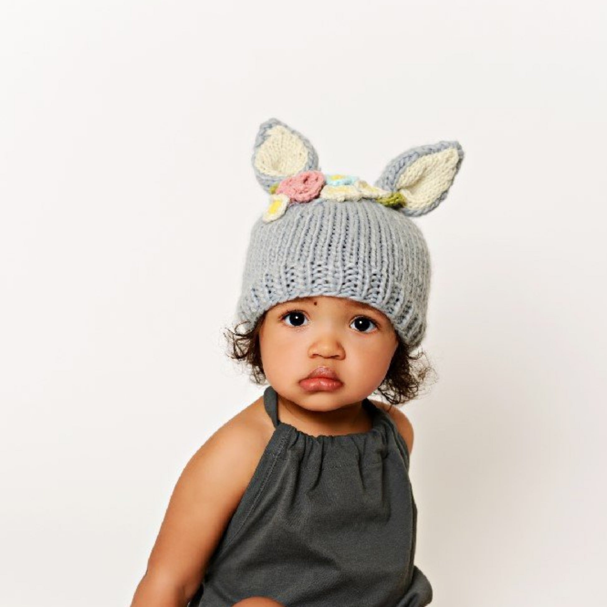 gray bunny hat with cream ears and pink, cream, and blue flowers for baby infant toddler child and NB 0-3m easter holiday