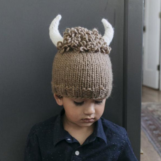 hand knit brown acrylic buffalo hat with white horns for baby infant toddler child