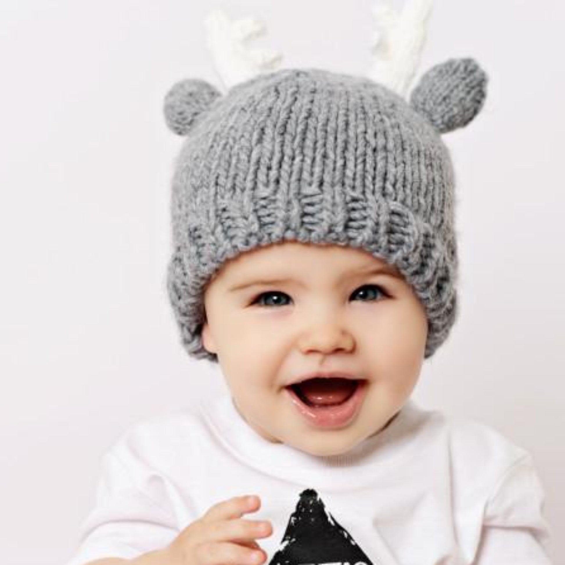 hand knit gray deer with white ears and white antlers for baby toddler infant child christmas winter holiday