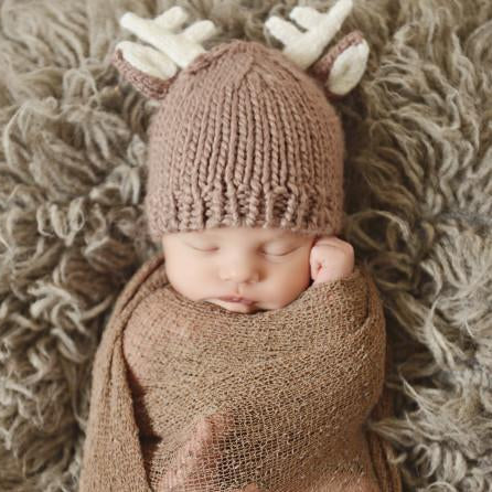 hand knit tan deer hat with white ears and white antlers pants with white tail set for newborns photography photoshoot