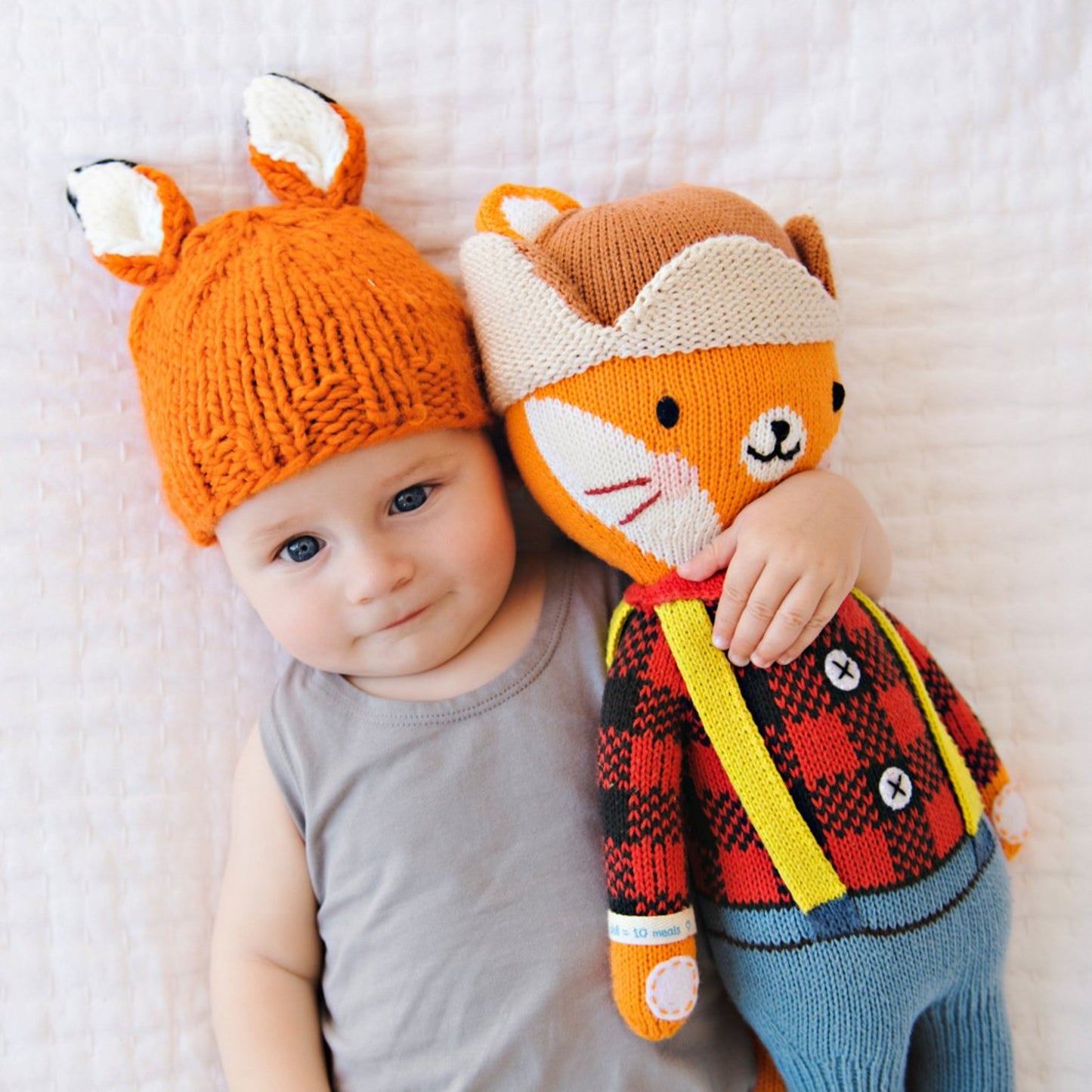 hand knit orange fox hat a for baby with white ears