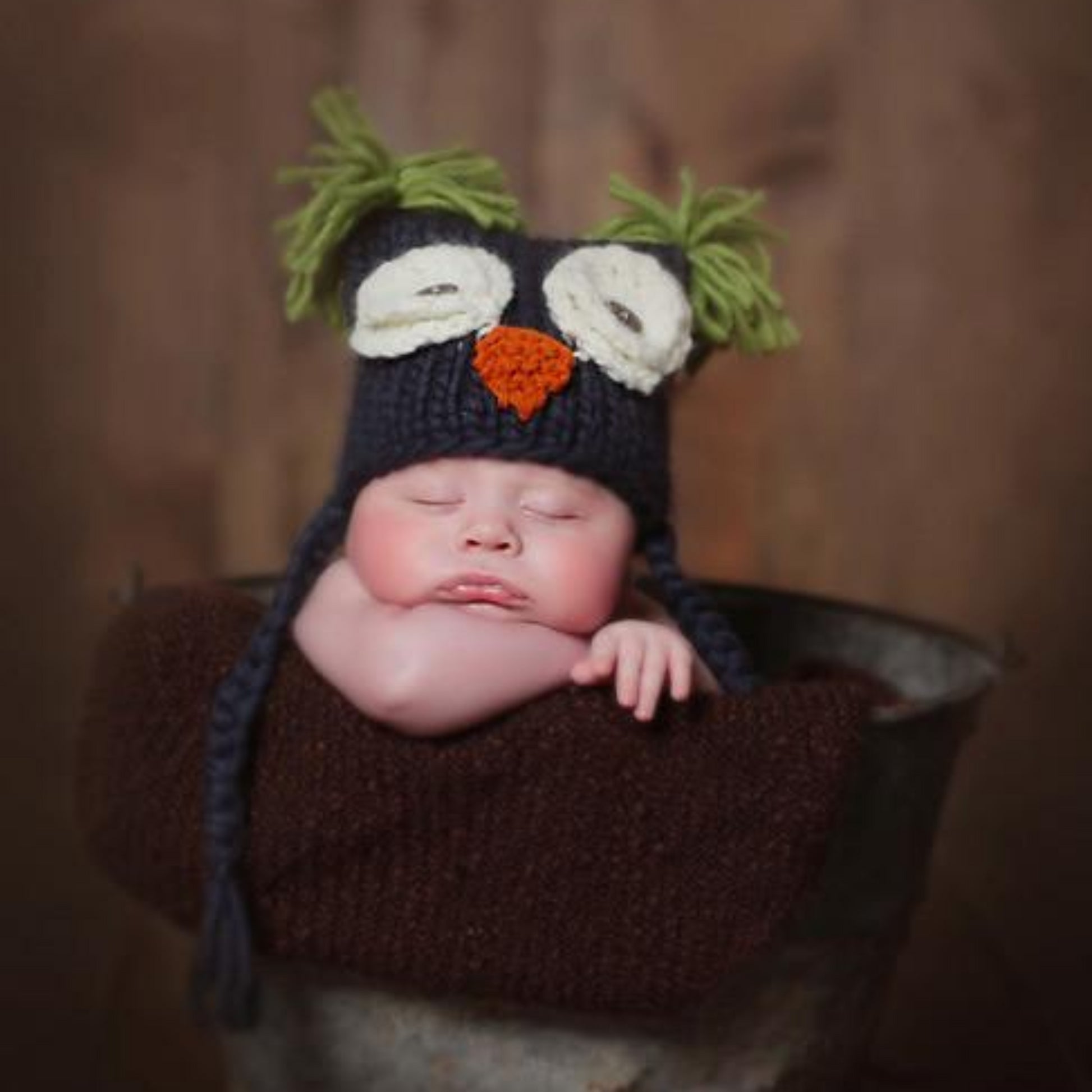 Hand Knit Owl hat with tassels and tufts in navy blue