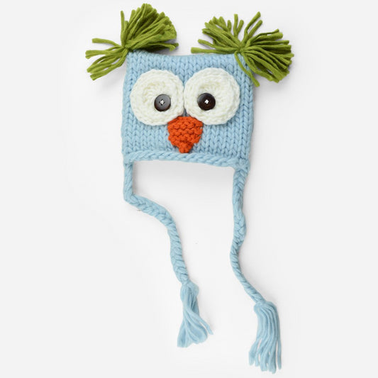 Hand Knit Owl hat with tassels and tufts in light blue