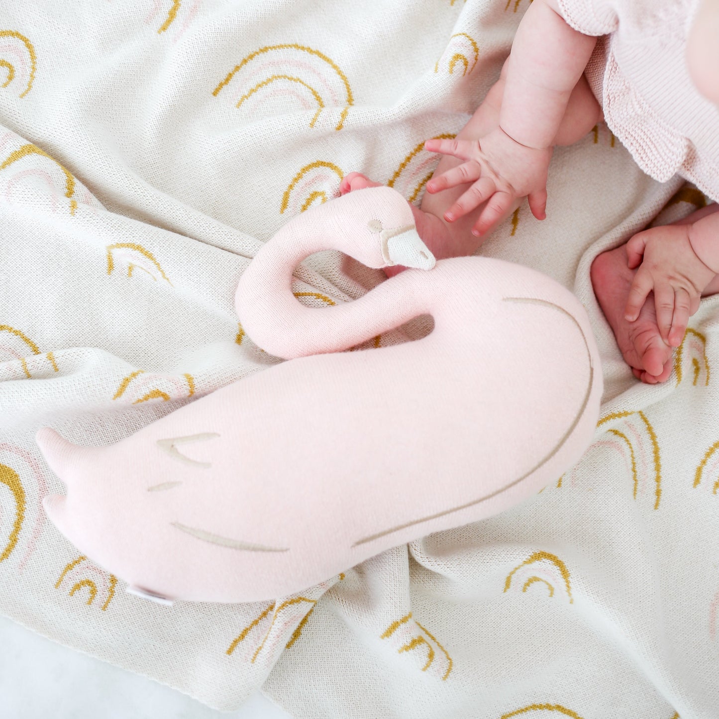 swan pillow pink with white beak and taupe gold accent embroidery